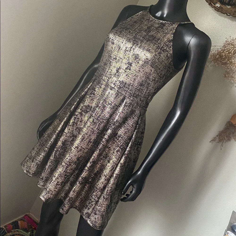 Soprano Shimmering Black and Gold Metallic Mini Dress NWTs